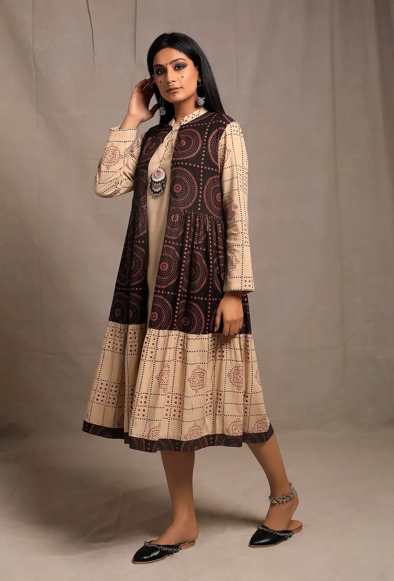 Set of 2: Black Ecru Contrast Hand Block Printed Front Open Tier Dress with Ecru Slip