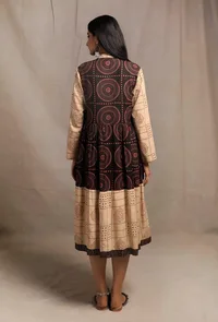 Set of 2: Black Ecru Contrast Hand Block Printed Front Open Tier Dress with Ecru Slip image 4