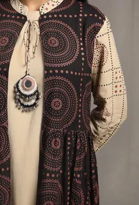 Set of 2: Black Ecru Contrast Hand Block Printed Front Open Tier Dress with Ecru Slip image 5