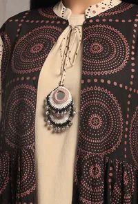 Set of 2: Black Ecru Contrast Hand Block Printed Front Open Tier Dress with Ecru Slip image 6