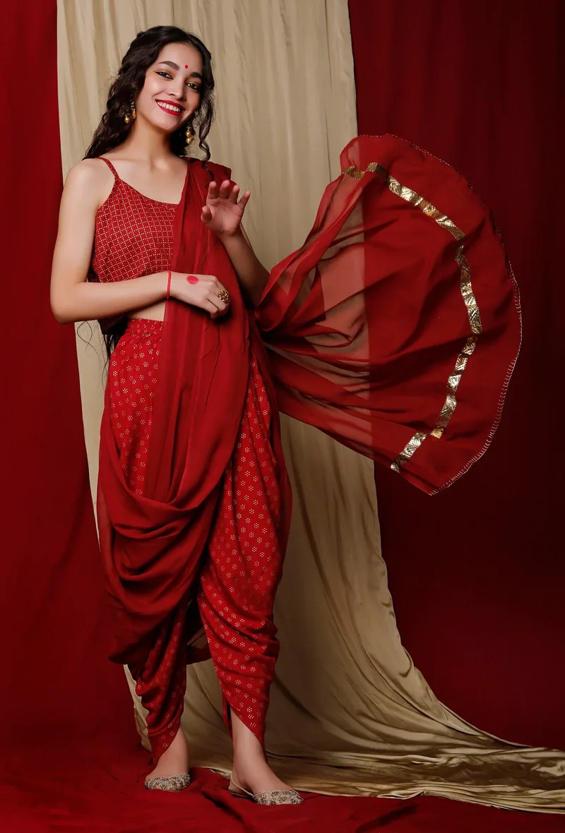 Set of 3: Maroon Georgette Gota Sari Drape with Block Printed Rayon Dhoti and Cotton slip top