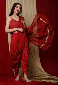 Set of 3: Maroon Georgette Gota Sari Drape with Block Printed Rayon Dhoti and Cotton slip top image 1
