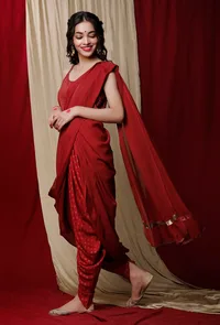 Set of 3: Maroon Georgette Gota Sari Drape with Block Printed Rayon Dhoti and Cotton slip top image 2