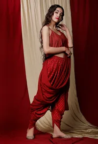 Set of 3: Maroon Georgette Gota Sari Drape with Block Printed Rayon Dhoti and Cotton slip top image 3