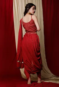 Set of 3: Maroon Georgette Gota Sari Drape with Block Printed Rayon Dhoti and Cotton slip top image 4