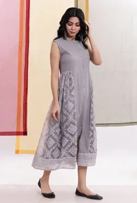 Cloud Grey Cotton & Sheer Brasso Organza Flared Dress image 2