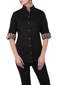 Black A-symmetrical 100% cotton shirt with roll up sleeves image 1