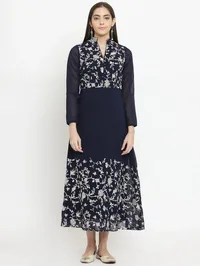 Navy Blue A-Line Dress With Parsi Embroidery image 1