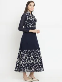 Navy Blue A-Line Dress With Parsi Embroidery image 2