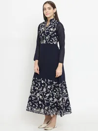 Navy Blue A-Line Dress With Parsi Embroidery image 3