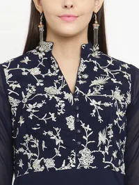 Navy Blue A-Line Dress With Parsi Embroidery image 5