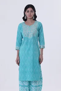 Turquoise & White Cotton Block Printed Kurta image 1