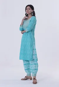 Turquoise & White Cotton Block Printed Kurta image 3
