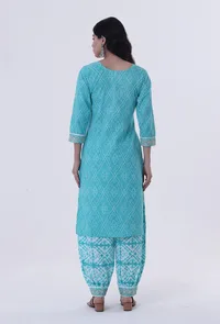 Turquoise & White Cotton Block Printed Kurta image 4
