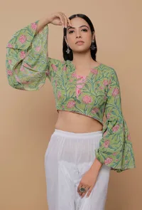 Green And Pink Handblock Printed Cotton V Neck Flat Collar Blouse image 1