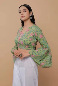 Green And Pink Handblock Printed Cotton V Neck Flat Collar Blouse image 2
