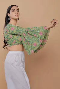 Green And Pink Handblock Printed Cotton V Neck Flat Collar Blouse image 3