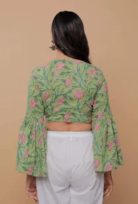 Green And Pink Handblock Printed Cotton V Neck Flat Collar Blouse image 4