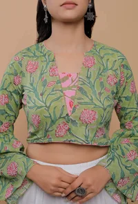 Green And Pink Handblock Printed Cotton V Neck Flat Collar Blouse image 5