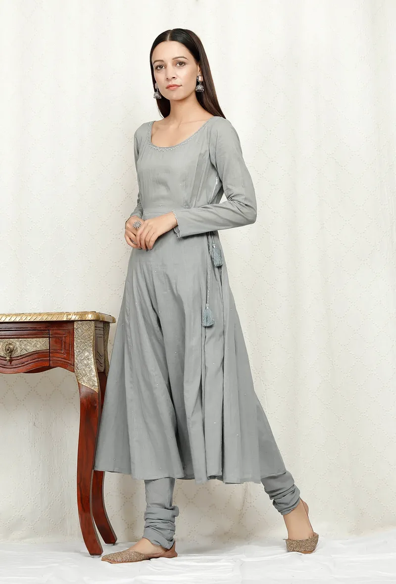 Set of 2: Grey Cotton Kurta and Chooridaar