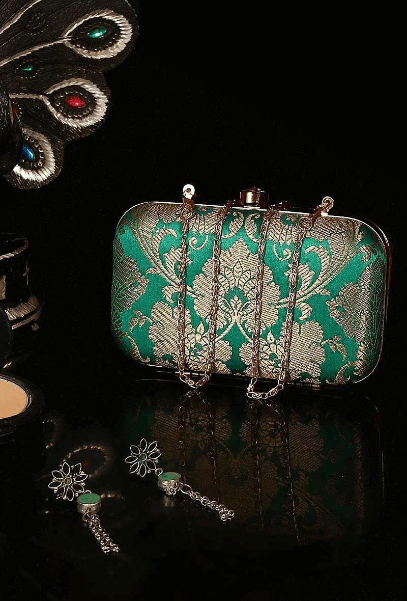 Forest Green Brocade Box Clutchwith Sling (8 X 2 X 4.5)