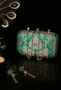 Forest Green Brocade Box Clutchwith Sling (8 X 2 X 4.5) image 1