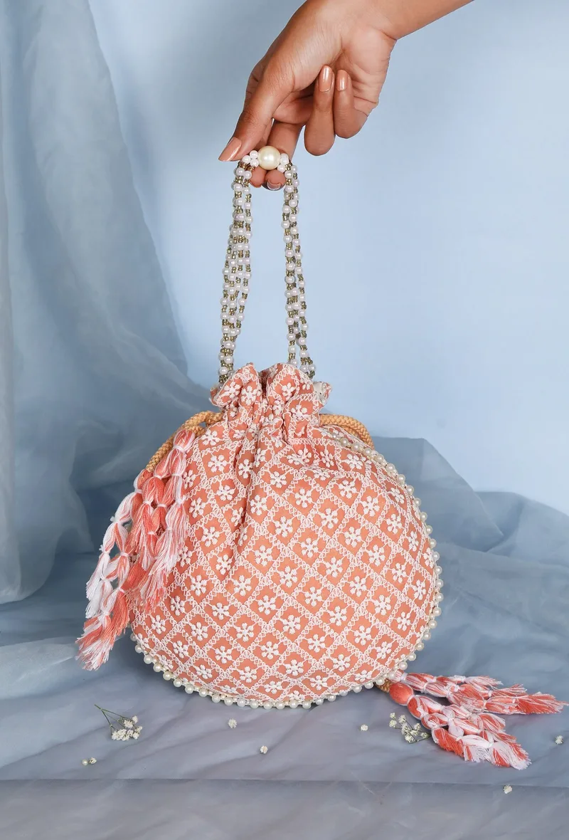 Peach Blossom Chikankari Georgette Potli