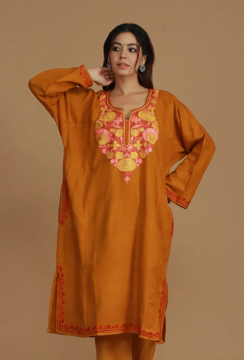 Mustard Phiran with Yellow and Pink Aari Embroidery- Free Size
