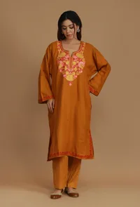 Mustard Phiran with Yellow and Pink Aari Embroidery- Free Size image 2
