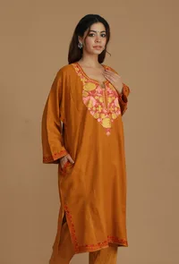 Mustard Phiran with Yellow and Pink Aari Embroidery- Free Size image 3