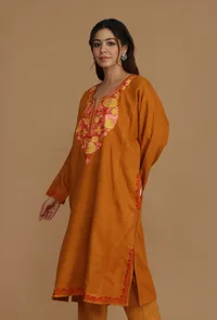 Mustard Phiran with Yellow and Pink Aari Embroidery- Free Size image 4