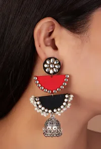Lightweight Handmade Red/Black Fabric Earrings with Stone Work & 2-Layer Jhumki image 1