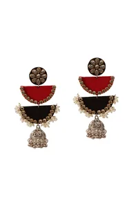 Lightweight Handmade Red/Black Fabric Earrings with Stone Work & 2-Layer Jhumki image 2