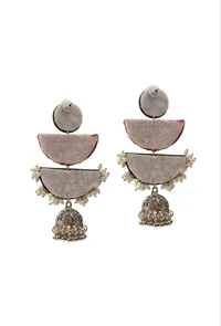 Lightweight Handmade Red/Black Fabric Earrings with Stone Work & 2-Layer Jhumki image 3