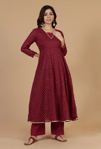 Set of 2: Maroon Floral Printed Flared Kurta with Gota Lace & Solid Cotton Pants image 1