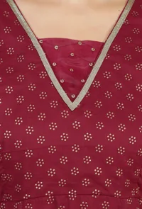 Set of 2: Maroon Floral Printed Flared Kurta with Gota Lace & Solid Cotton Pants image 6