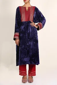 Royal Purple Gota Embroidered Chenille Phiran image 1