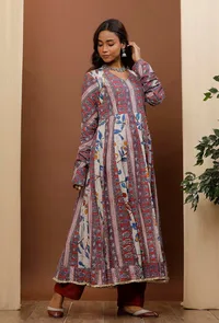 Set of 3: White & Rust Red Kalamkari Cotton Kurta with Red Cotton Straight Pants & Dupatta image 2