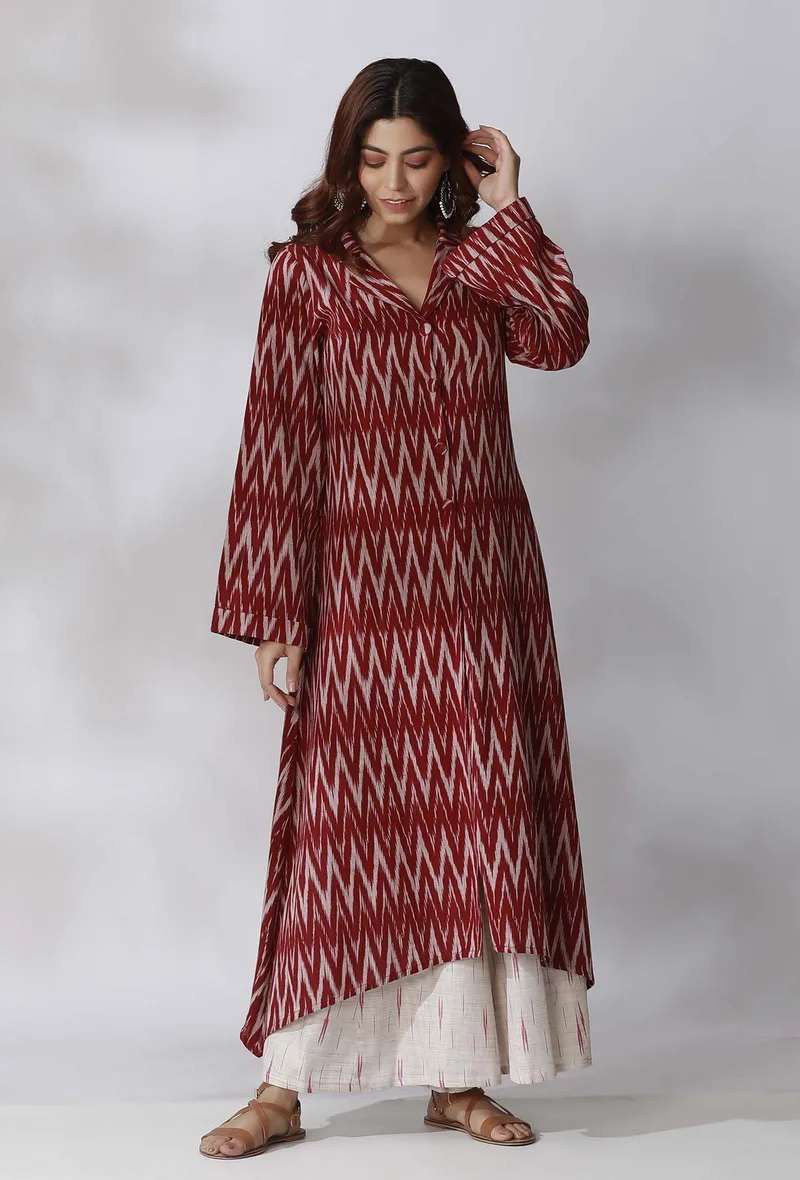 Set Of 2- Maroon Ikkat Kurta + White and Maroon Flared Ikkat Pants
