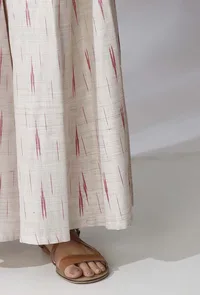 Set Of 2- Maroon Ikkat Kurta + White and Maroon Flared Ikkat Pants image 6