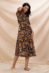 Black Kalamkari A-line Cotton Dress image 1