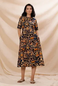 Black Kalamkari A-line Cotton Dress image 2