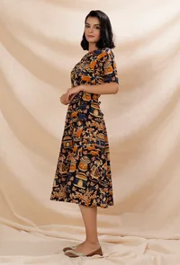 Black Kalamkari A-line Cotton Dress image 3