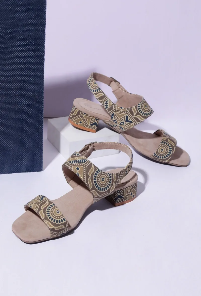 Cream Cotton Ajrakh Strappy Block Heels
