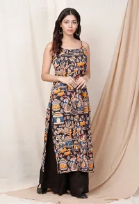 Black Print Kalamkari Slip Kurta image 1