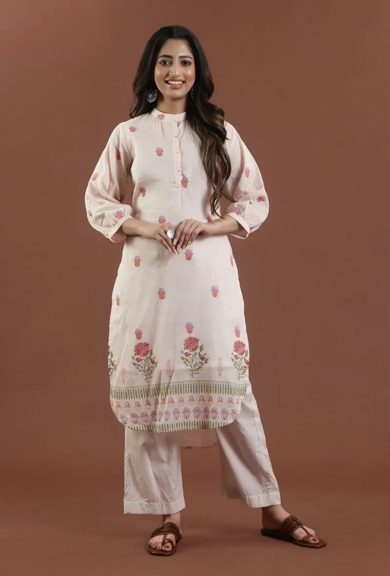 Set of 2: Hand Block Printed Cotton Floral Kurta with Solid Straight Pant