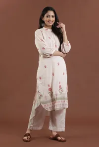 Set of 2: Hand Block Printed Cotton Floral Kurta with Solid Straight Pant image 2
