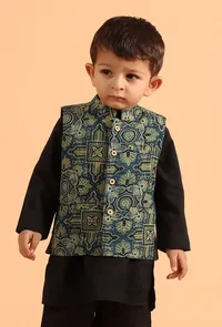 Aadrik Indigo Ajrakh Print Cotton Nehru Jacket image 1