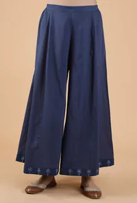 Aadhila Indigo Solid Blue Flared Kalidar Palazzo Pants With Print Border image 1