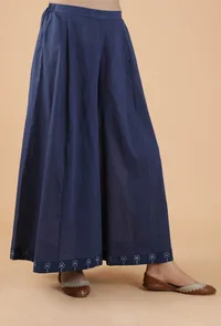 Aadhila Indigo Solid Blue Flared Kalidar Palazzo Pants With Print Border image 2